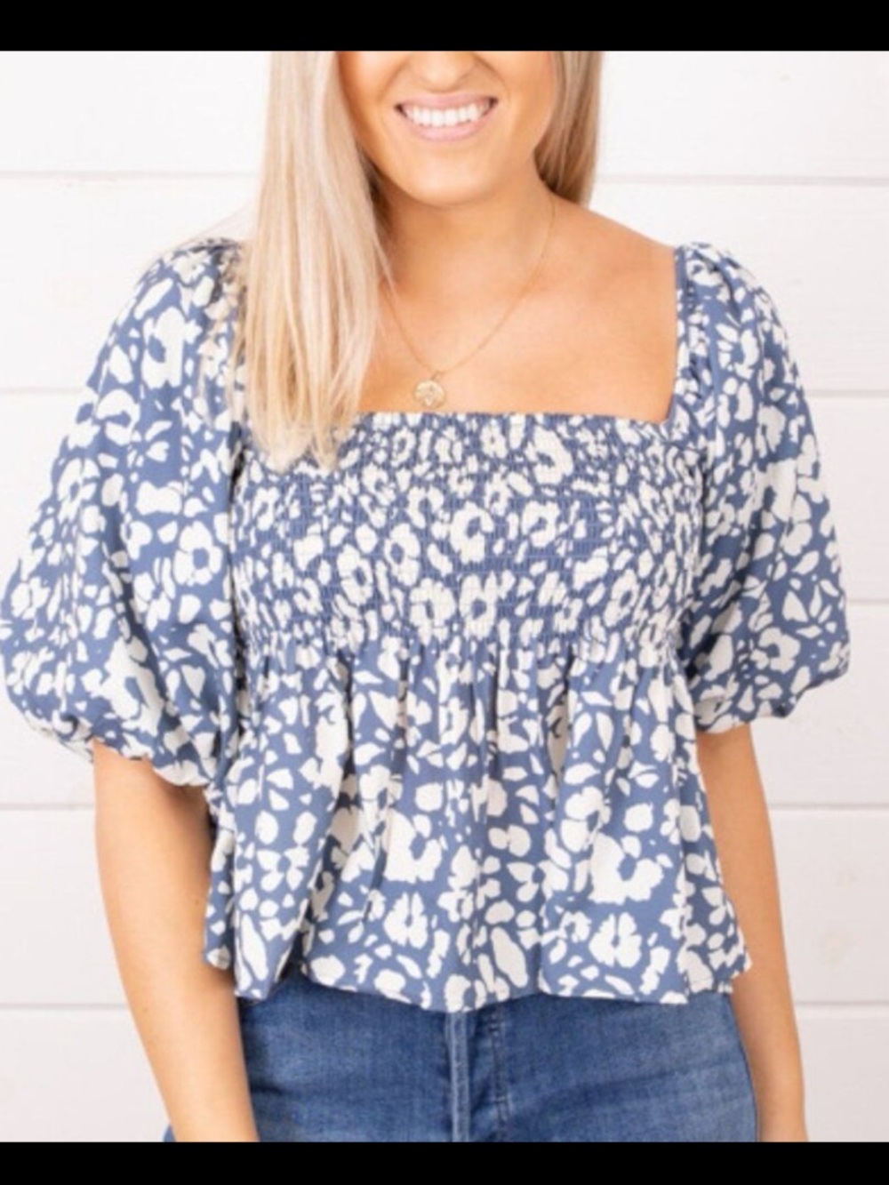 By Together Blue and White Smocked Square-Neck Puff Sleeve Top